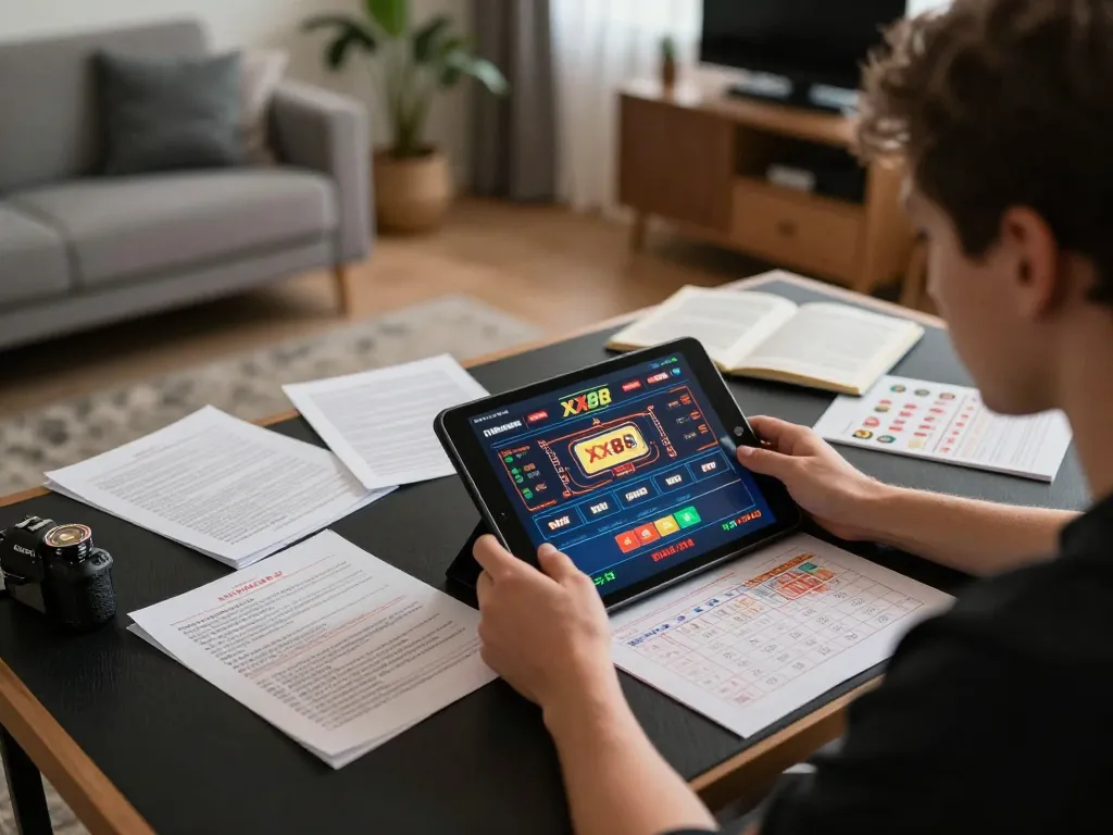 Player enjoying online casino experience at home using XX88 app on tablet, focused and engaged.