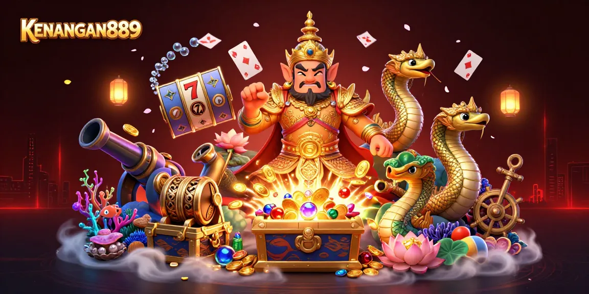 Experience KENANGAN889's vibrant world of online slots with a dynamic 3D illustration.