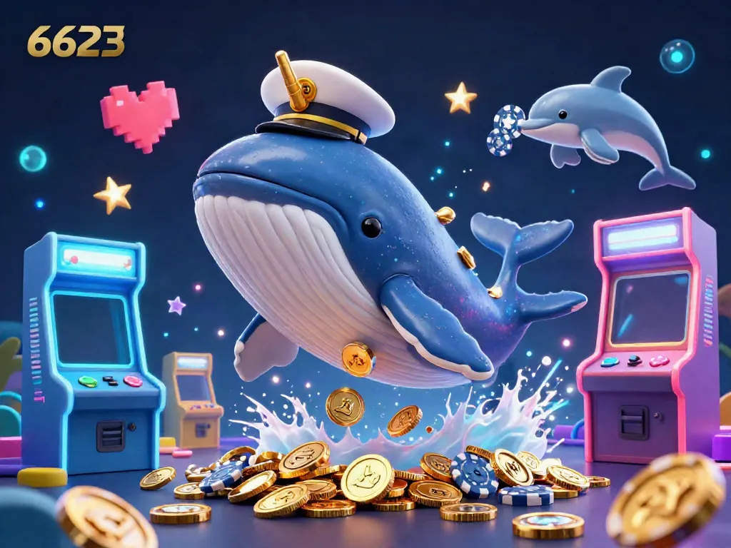 Whale and narwhal play in a sea of coins, highlighting 6623's vibrant gaming experience.
