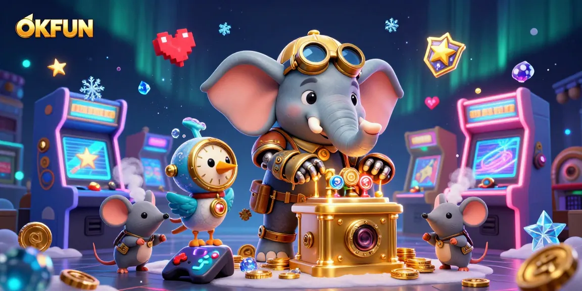 Engage with OKFUN's thrilling slots experience as a steampunk elephant engineer spins golden reels.