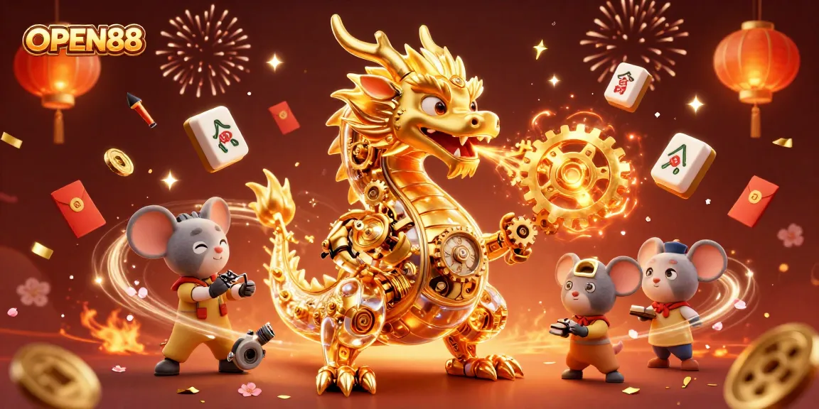 Experience thrilling gameplay at OPEN88 with a dynamic scene featuring a mystical dragon and rich casino elements.