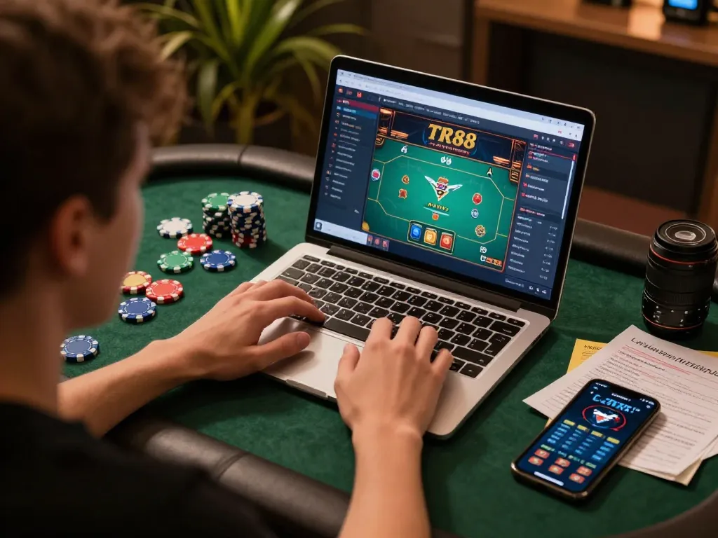 Engaging player strategizing on the TR88 casino platform, focusing on poker gameplay.