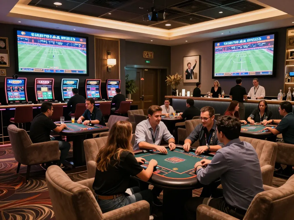RR88 bettors enjoying an exciting live sports betting experience in a luxurious lounge.