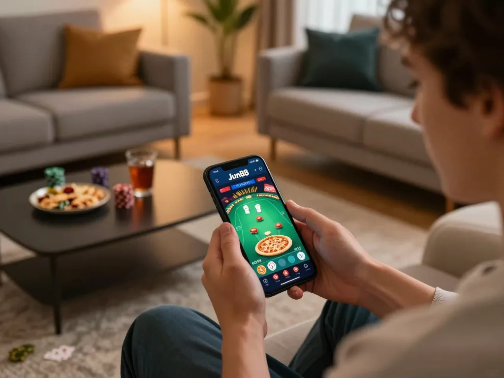 Engaging mobile gaming on Jun88 pizza app, showcasing poker action in a cozy home setting.
