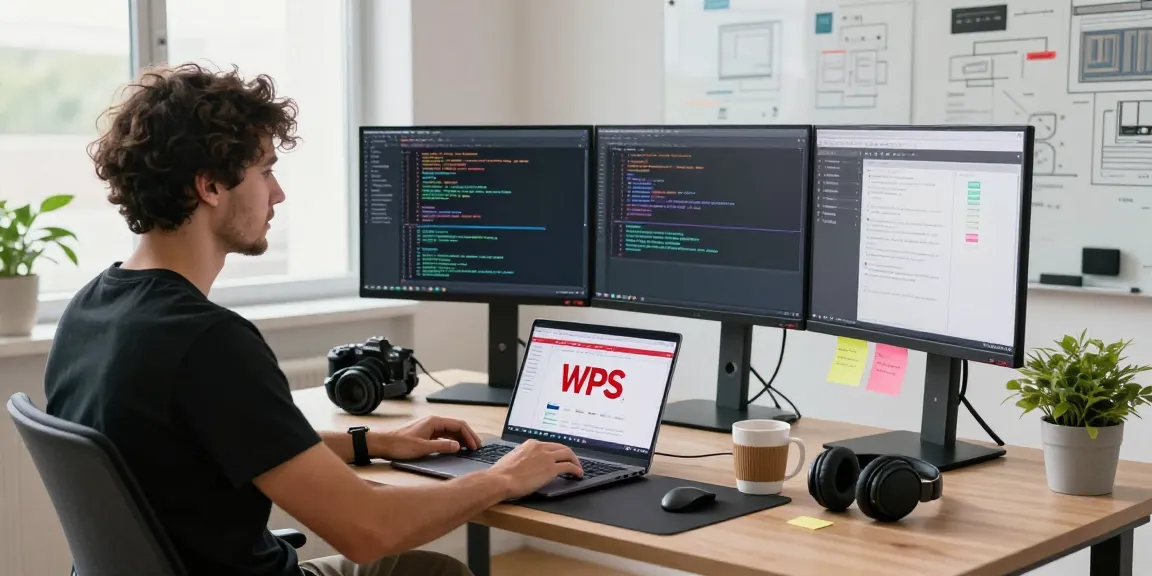 Developer working at a modern desk showcasing the WPS Official Website and coding environment.