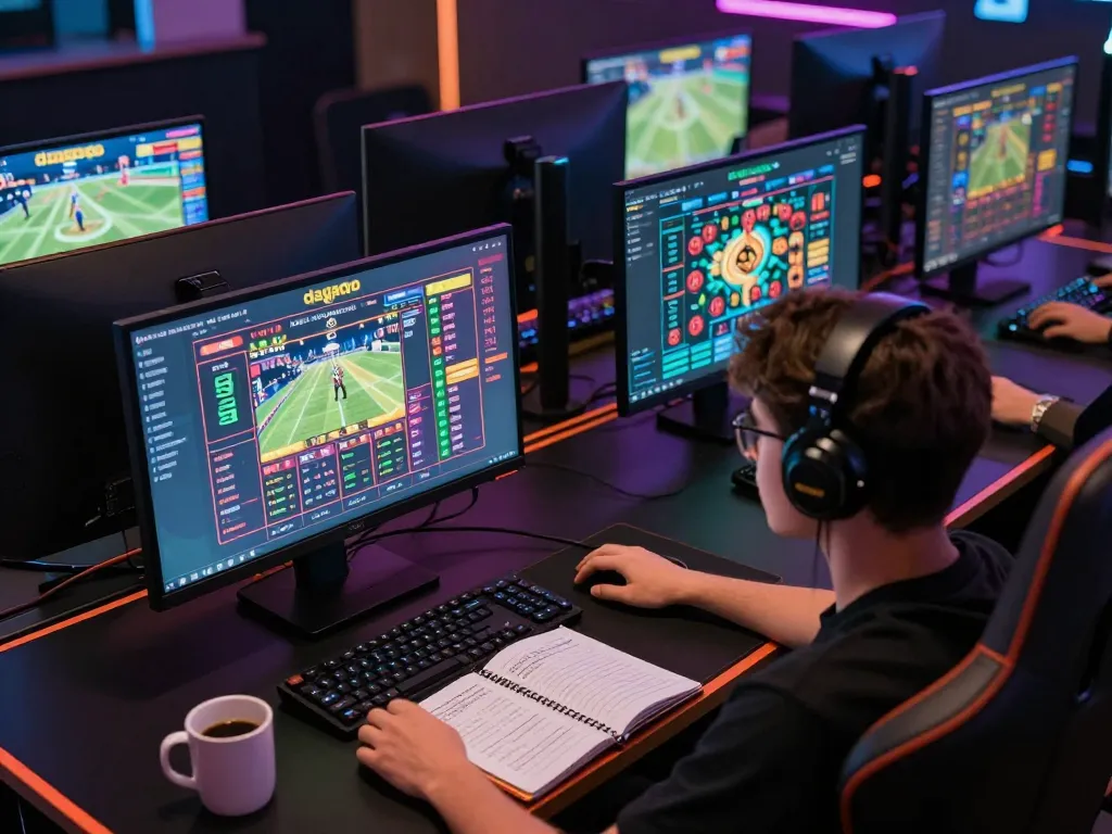 Focused gamer engaging with dagago online betting platform in a vibrant home gaming setup