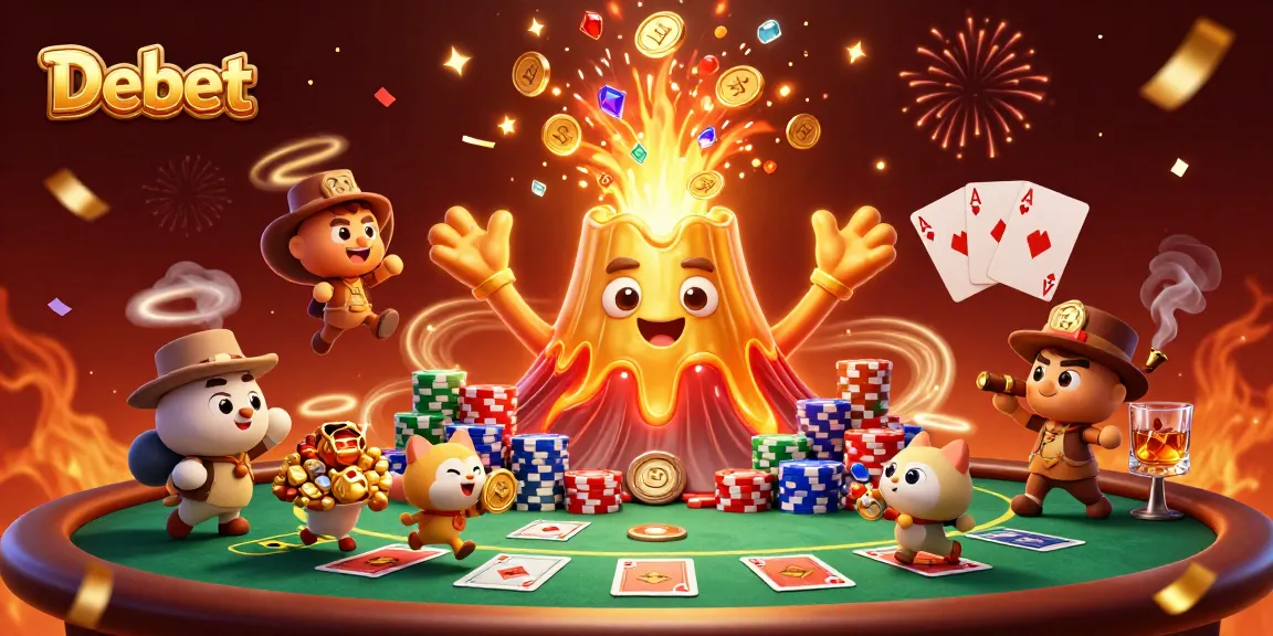 Capture the thrill of Debet as a golden volcano erupts treasures amidst poker elements and adventure.