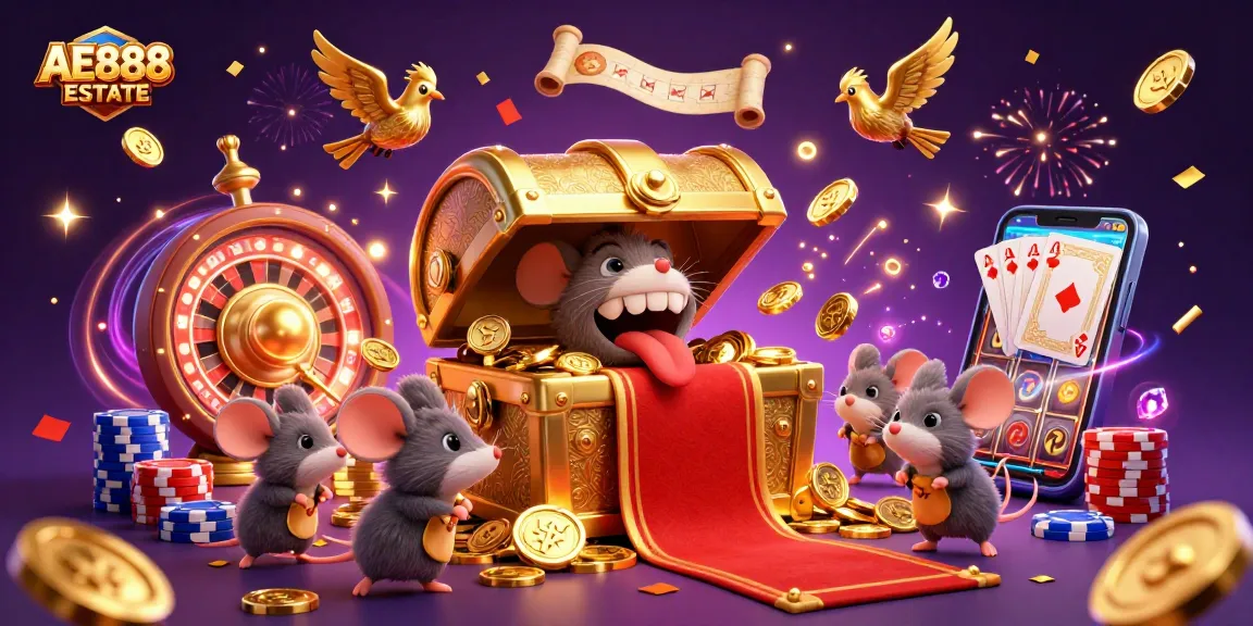 Experience thrills at AE888 ESTATE with treasure chests and golden riches in a vibrant casino scene.