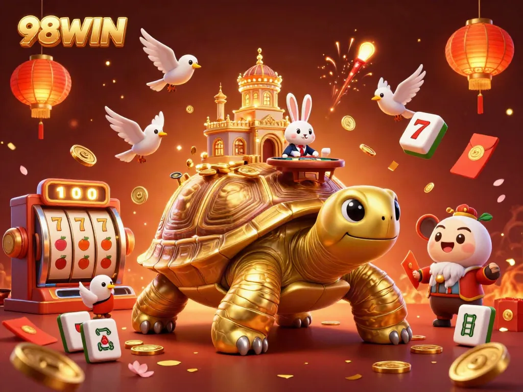 Experience 98WIN as a colorful golden tortoise hosts a lively casino scene with games and festivities.