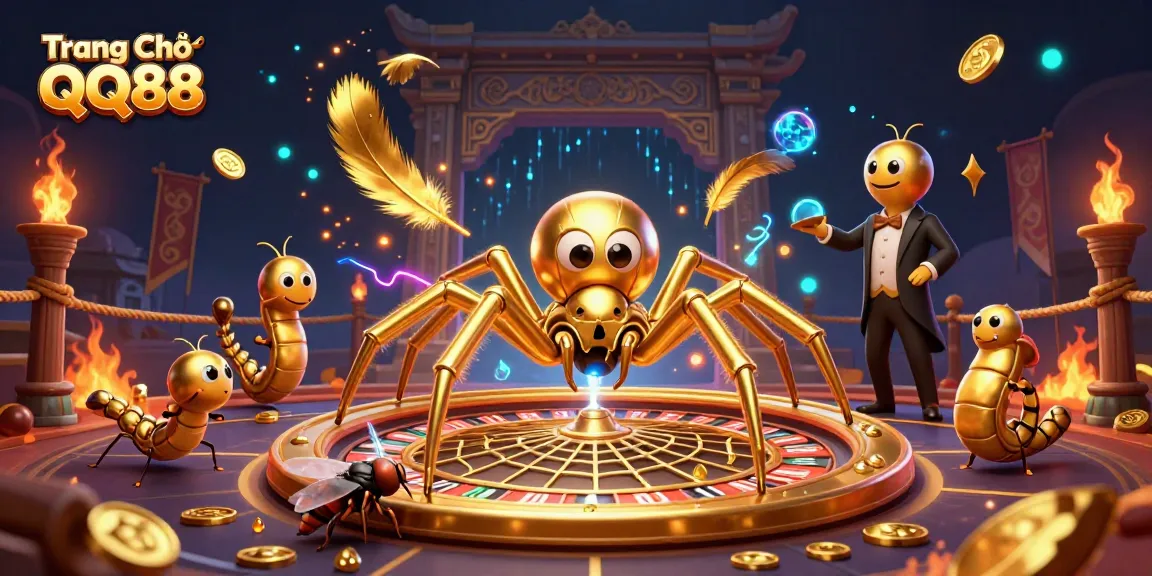 Place bets at Trang Chủ QQ88 with a thrilling 3D golden spider roulette scene showcasing excitement and gambling.