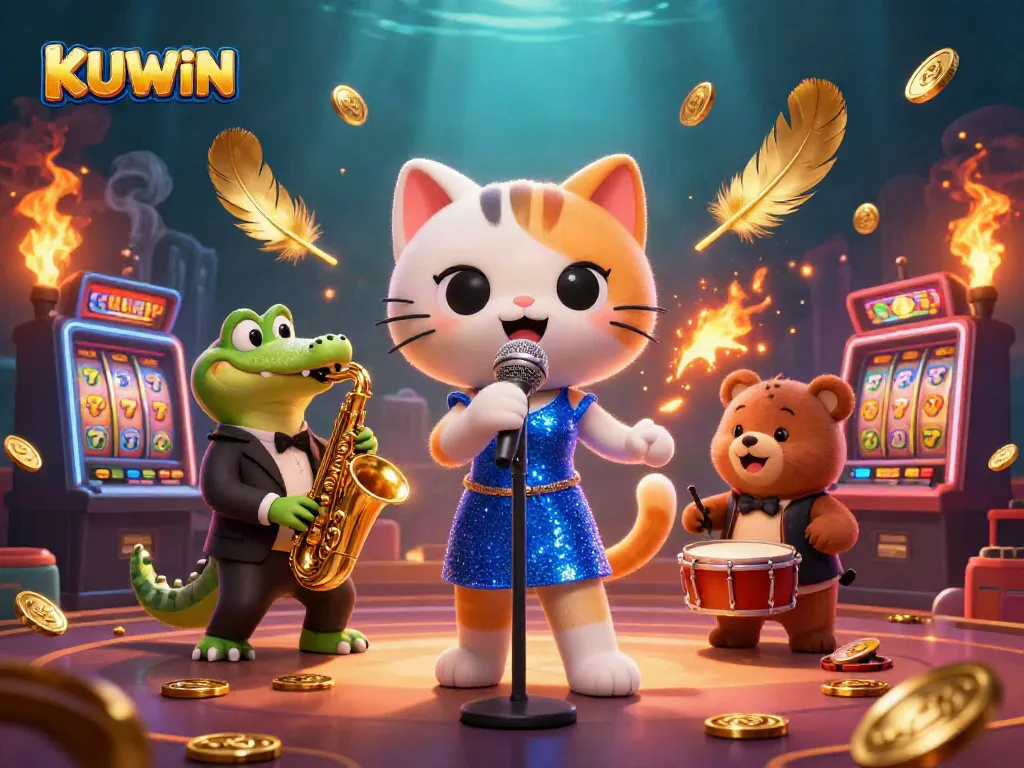 Experience the excitement of KUWIN with a lively casino scene featuring a singing cat and musical friends.