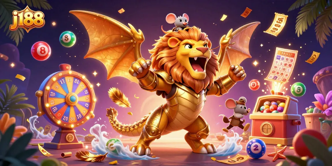 Experience thrilling wins at j188 with a golden chimera, vibrant lottery elements, and dynamic action!