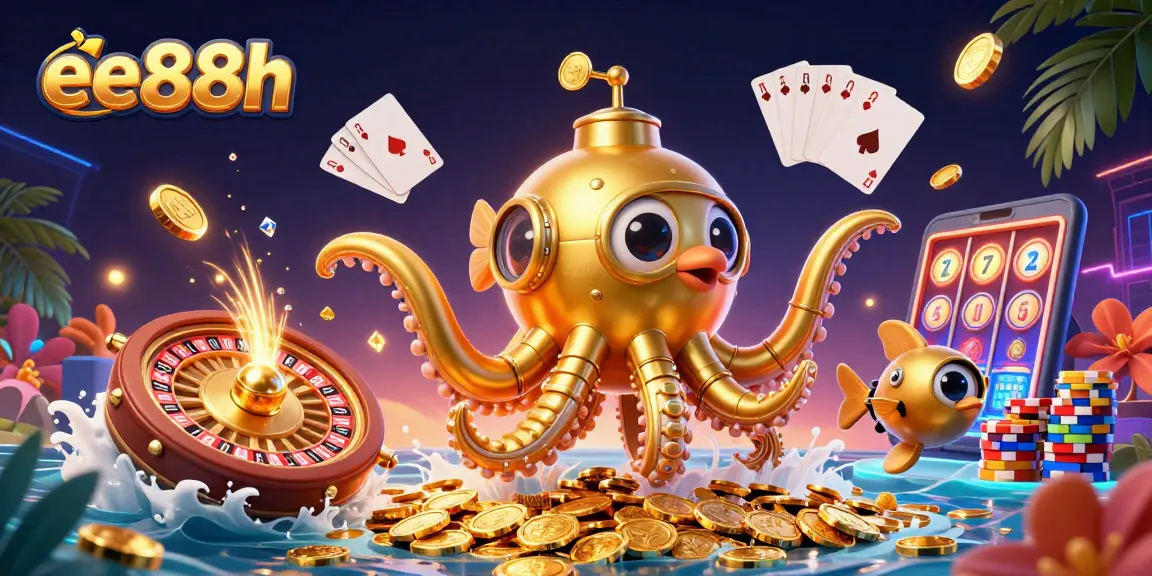 Experience thrilling wins with ee88h as you play in a dynamic casino scene filled with golden coins and games.