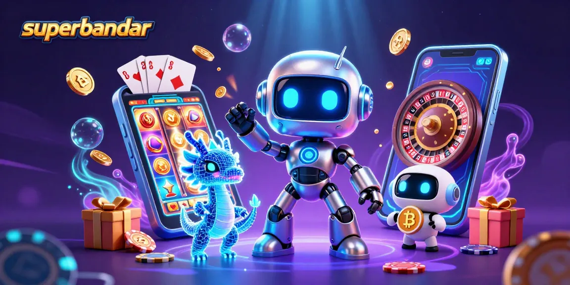 Permainan superbandar menarik dengan robot dan naga holografik yang menyebar koin emas.