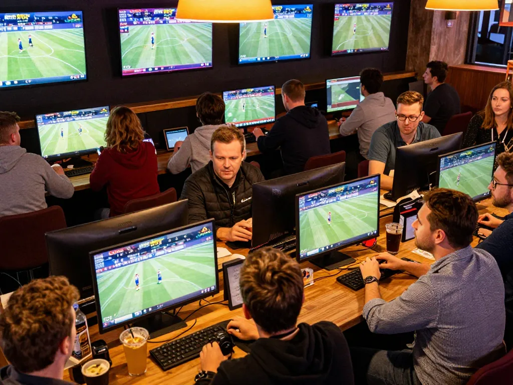 Engaging sports betting scene where sunwingo enthusiasts discuss strategies over live game feeds.