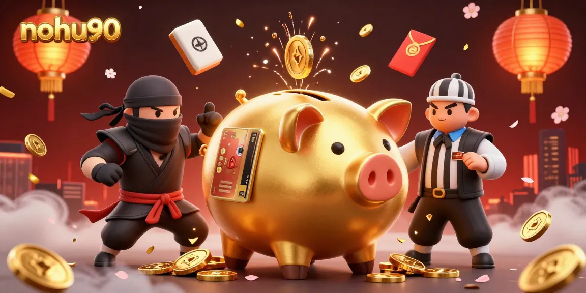 Nohu90 enhances gaming excitement with a sumo piggy bank and ninja duel in this vibrant casino illustration.