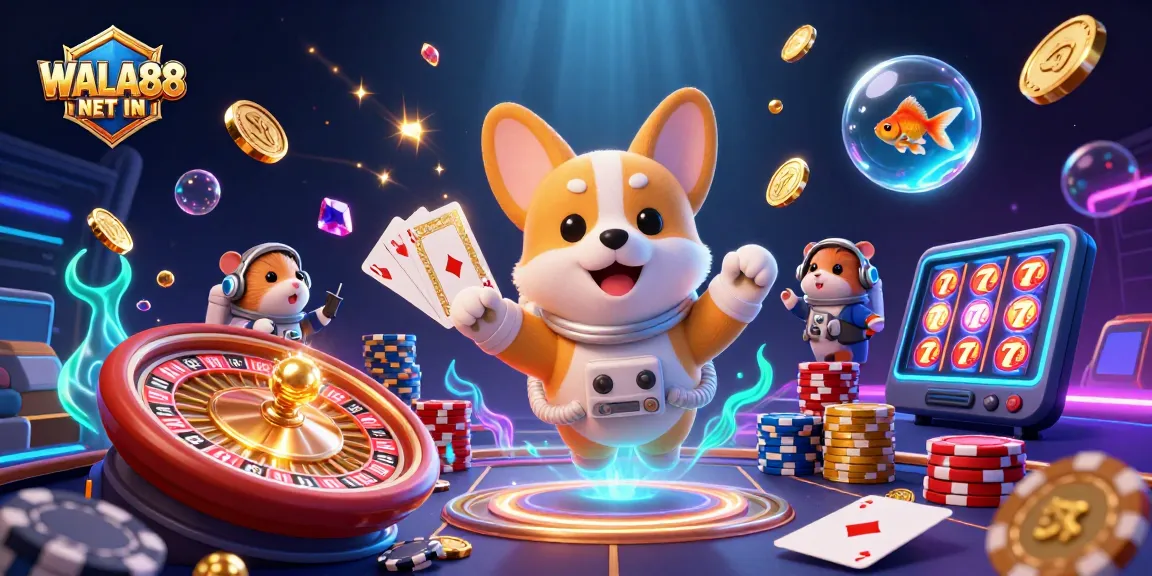 Bet and win with WALA88 NET IN as the astronaut corgi navigates a vibrant space casino.