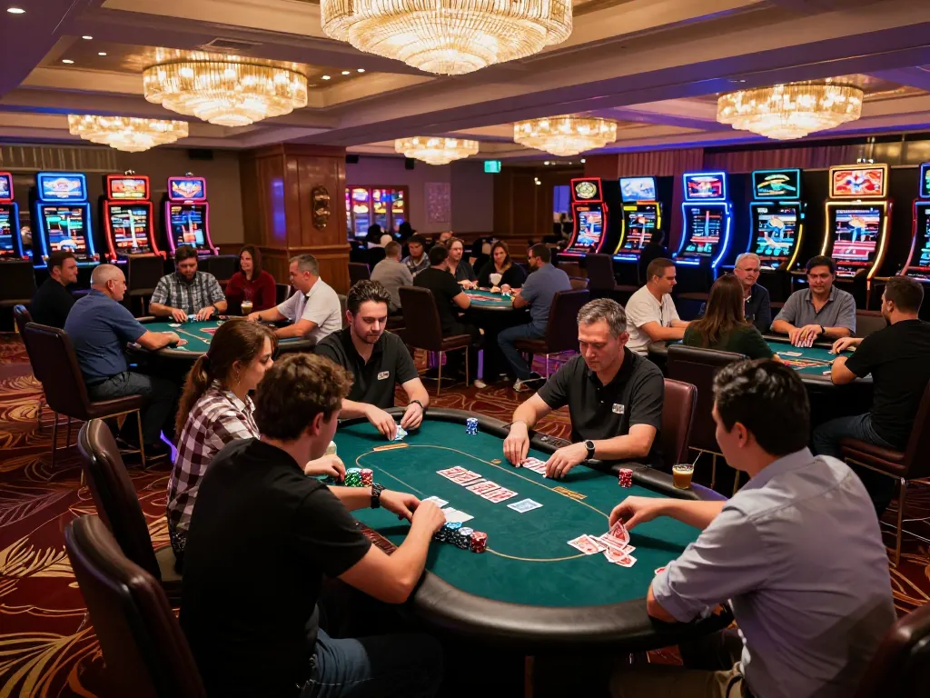 78WIN players strategizing during a vibrant casino night with poker tables, rich decor, and neon lights