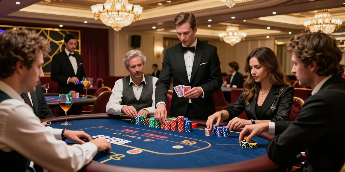 High-stakes gaming atmosphere at IWIN casino with elegant players and vibrant card tables.