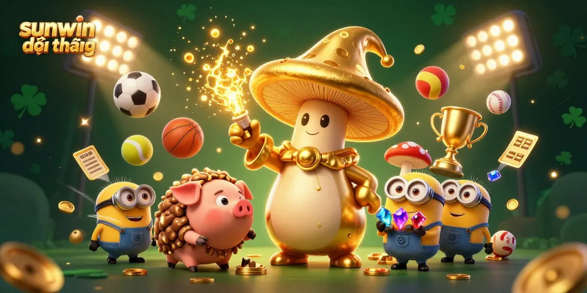 Experience sunwin đổi thưởng magic with a golden mushroom wizard and treasure-seeking pig in this vibrant illustration.