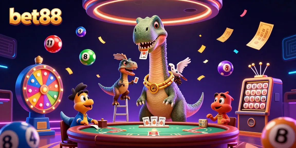 Experience excitement at bet88 with cartoon dinosaurs and gambling elements in a vibrant casino!