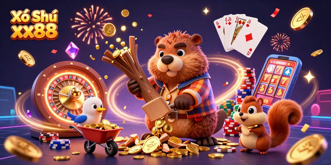 Engage in thrilling lottery action with Xổ Số xx88 as cartoon characters celebrate around cascading gold coins.