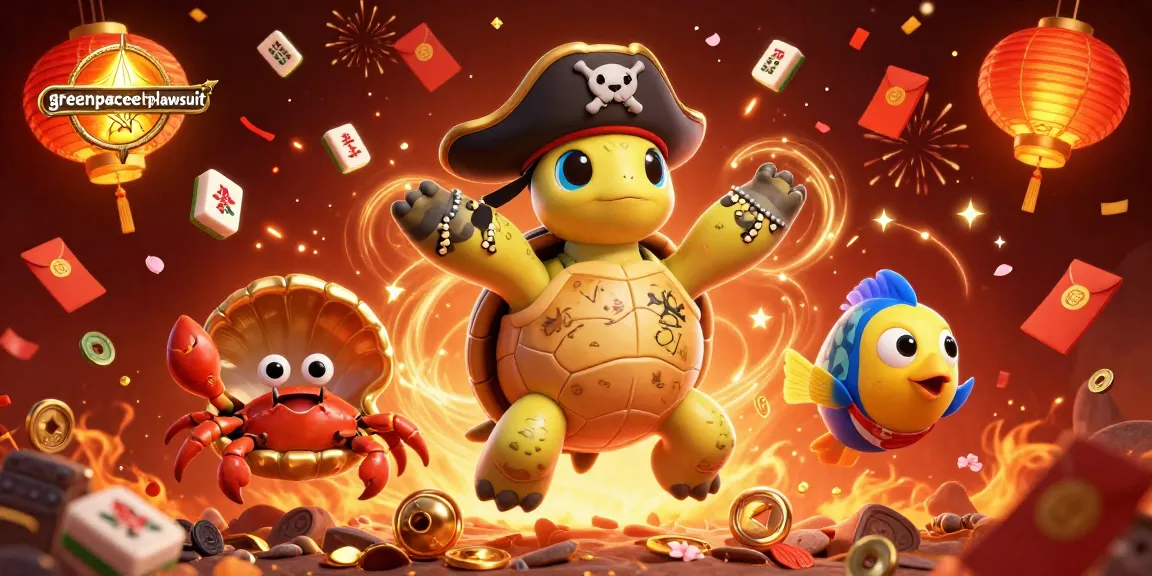 Engage with greenpeaceetplawsuit in this vibrant 3D casino scene featuring a pirate turtle and lucky symbols.