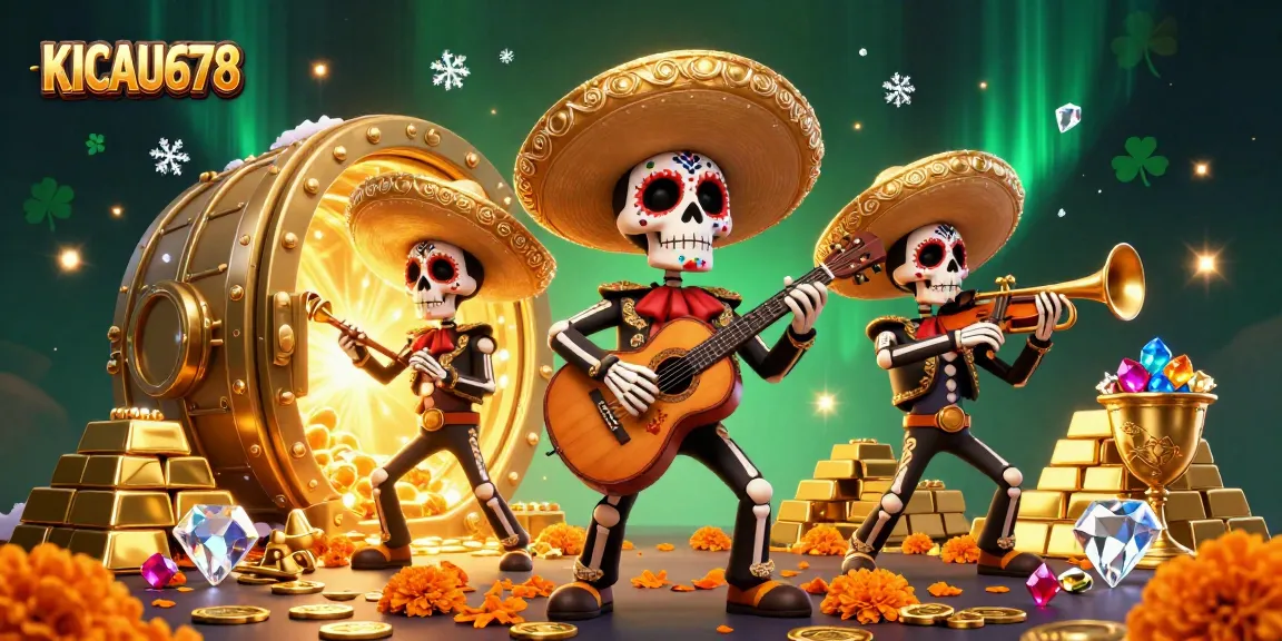 KICAU678 showcases festive skeleton mariachi band and overflowing treasure in vibrant 3D casino scene.
