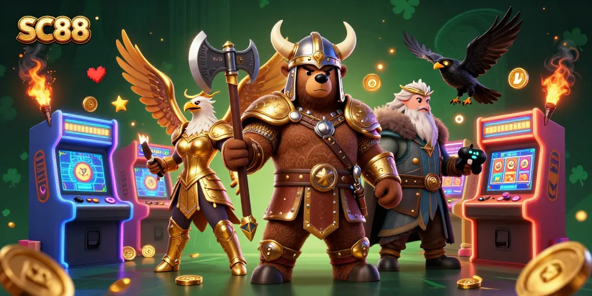 Experience SC88's thrilling gameplay with a Viking berserker and Valkyrie eagle surrounded by dynamic slot elements.