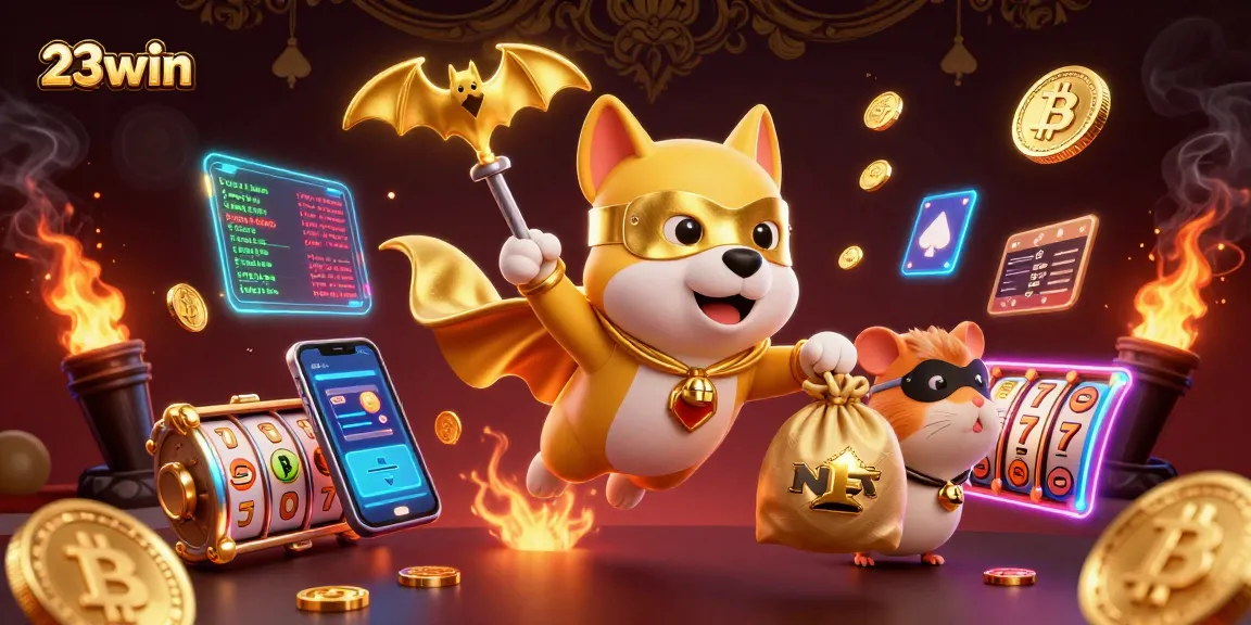 Experience 23win's thrilling casino action with a superhero dog amidst glowing crypto elements.