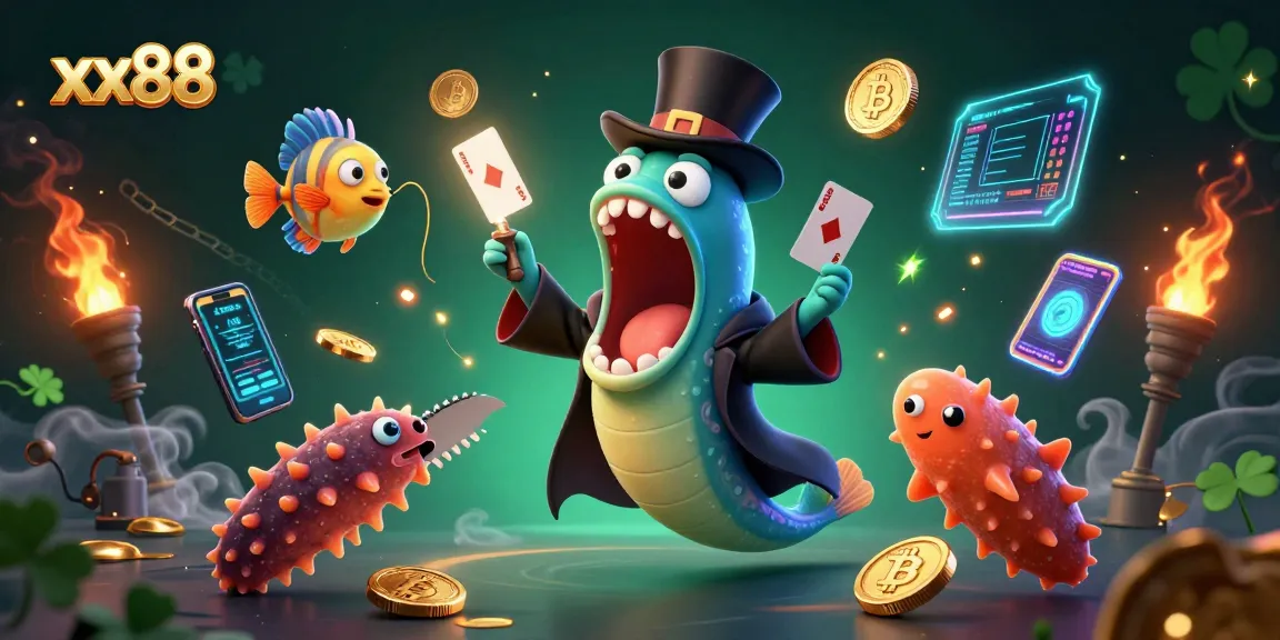 Experience exciting gambling magic with characters from xx88 performing card tricks and showcasing crypto elements in a vibrant scene.