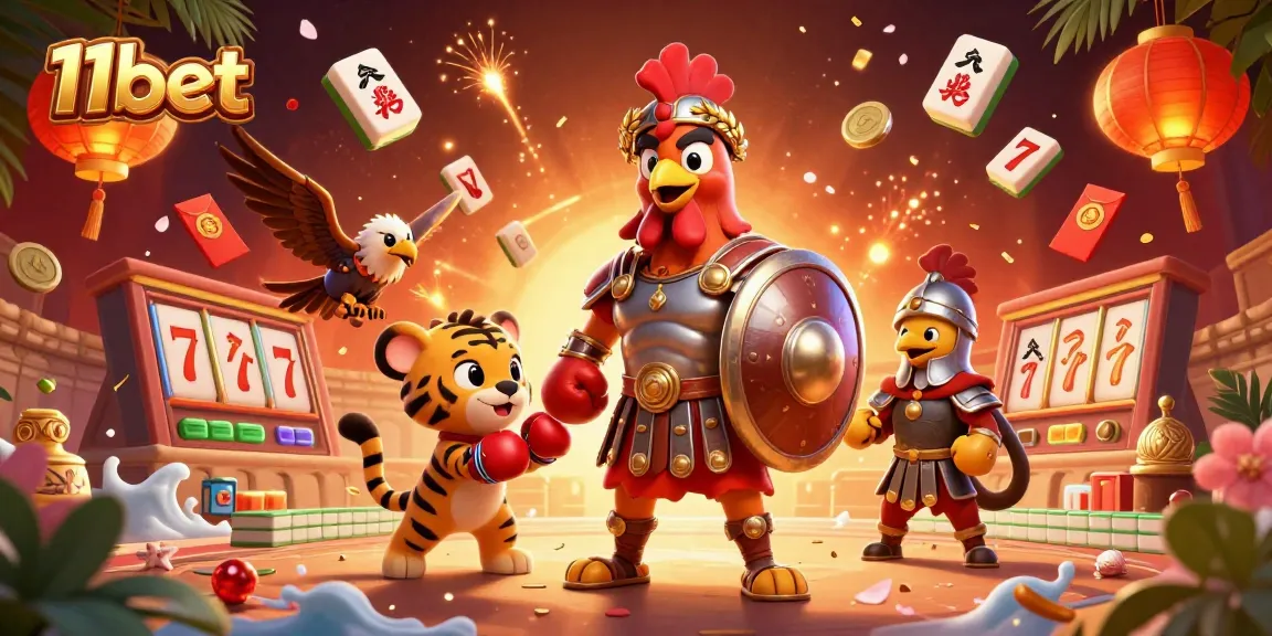 Engage with 11bet's thrilling casino adventure featuring a gladiator rooster and sparring tiger cub.
