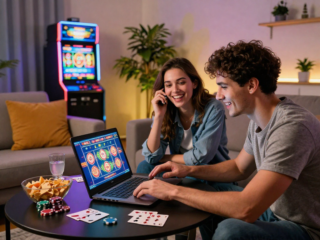 Giovani che giocano a migliori casino non AAMS nel soggiorno moderno, atmosfera vivace e coinvolgente.