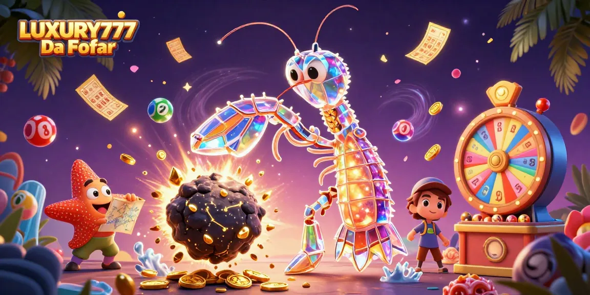 LUXURY777 Daftar, menampilkan galactic samurai shrimp yang memukul asteroid dengan arah kotak emas dan bola nomor mengelilinginya