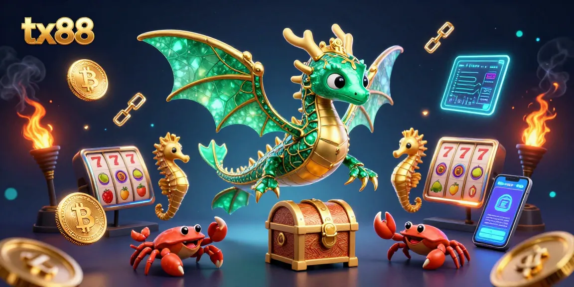 Engage with tx88 as the vibrant sea dragon navigates a casino world filled with crypto elements.