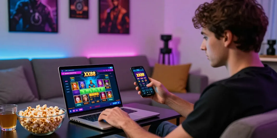 Interactive user enjoying XX88 gambling app on mobile device in a vibrant living room.