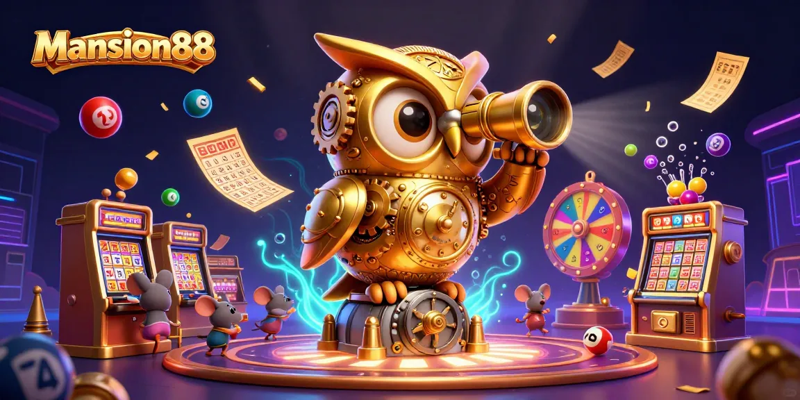 Mansion88's dynamic gaming scene features a clockwork owl and vibrant casino elements.