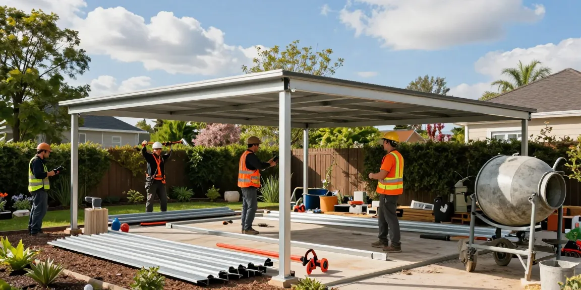 Carport Montage: Bau von Carports im Freien mit Baustellenmaterialien und frischer Landschaft.