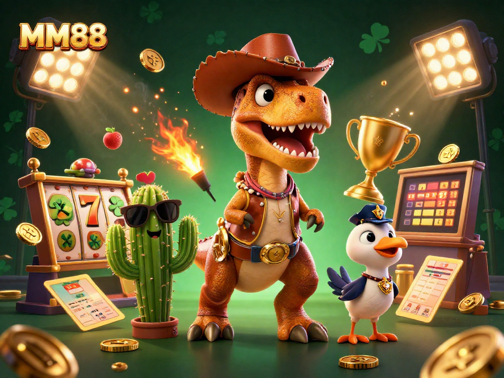 Experience top-tier gaming at MM88 with a dynamic scene featuring thrilling slot action and vibrant characters.