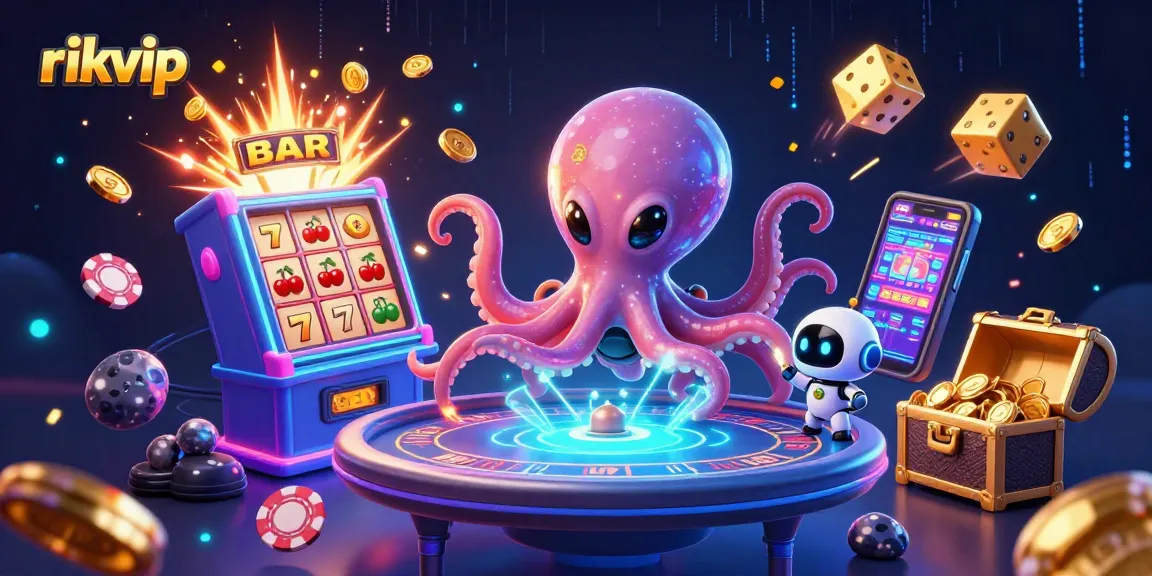 Engage with rikvip's thrilling alien casino experience featuring an octopus playing holographic poker.