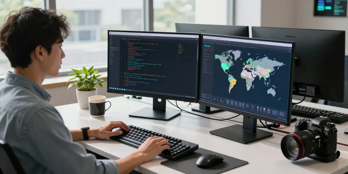 快连 developer in a tech workspace, coding with multiple screens and global maps for optimal network performance.