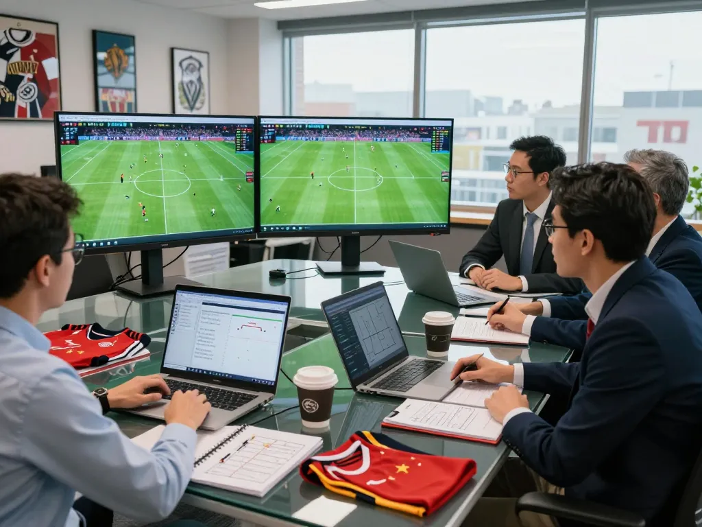 Data analysts using NOWGOAL for live soccer scores and statistics analysis in a dynamic sports office.
