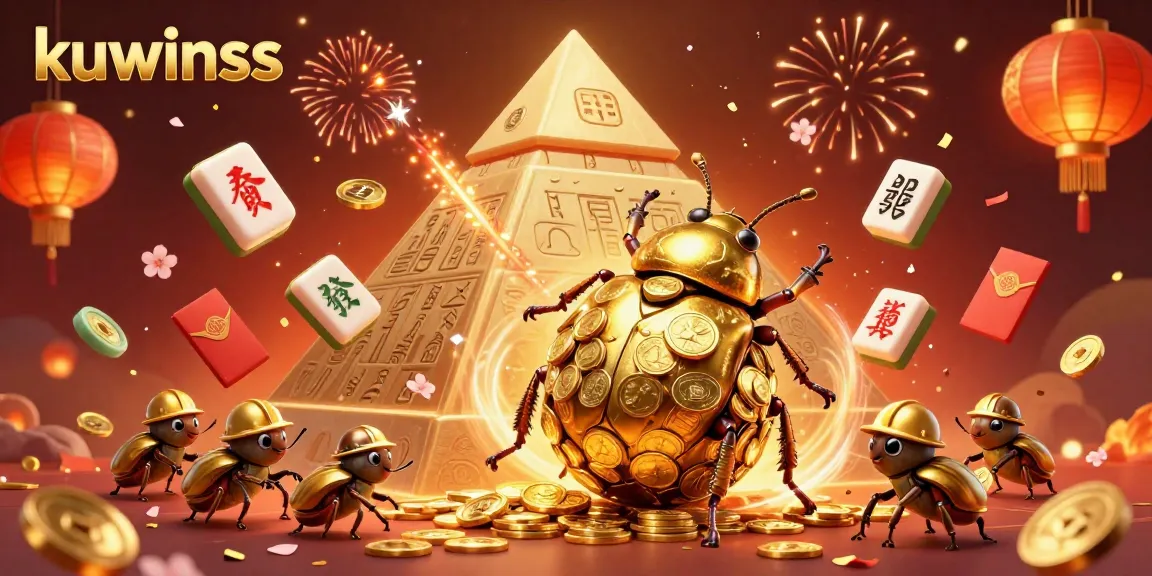 Kuwinss showcases a vibrant online casino experience with golden beetles and confetti.
