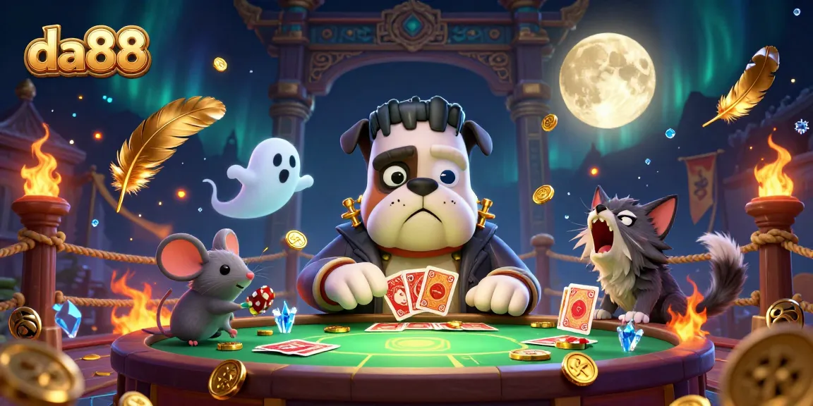 Experience thrilling card games at da88 with a lively scene featuring a cartoon bulldog dealer and vibrant casino elements.