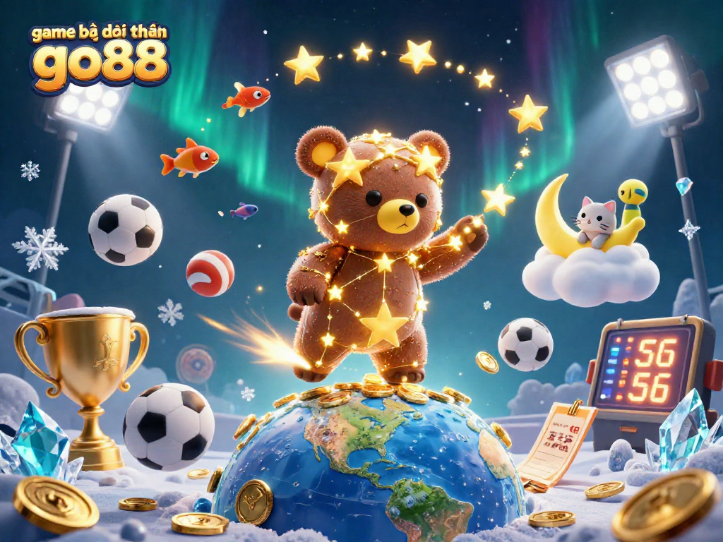 Engage in game bài đổi thưởng go88 with a whimsical scene of a constellation bear and sports elements.