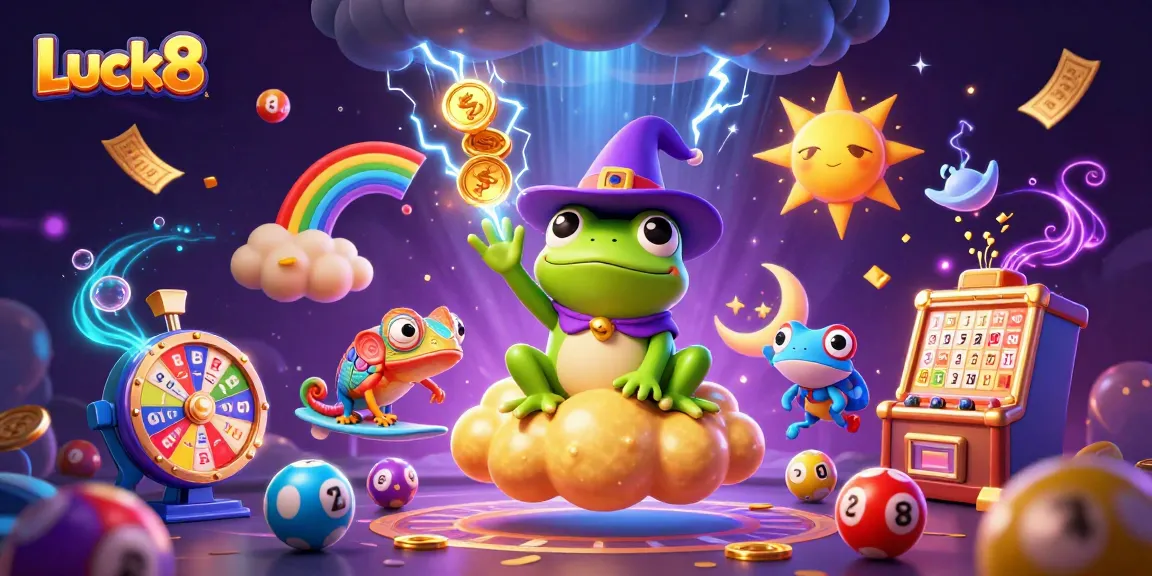 Luck8 showcases a whimsical casino scene with a wizard frog, chameleon, and vibrant gaming elements.