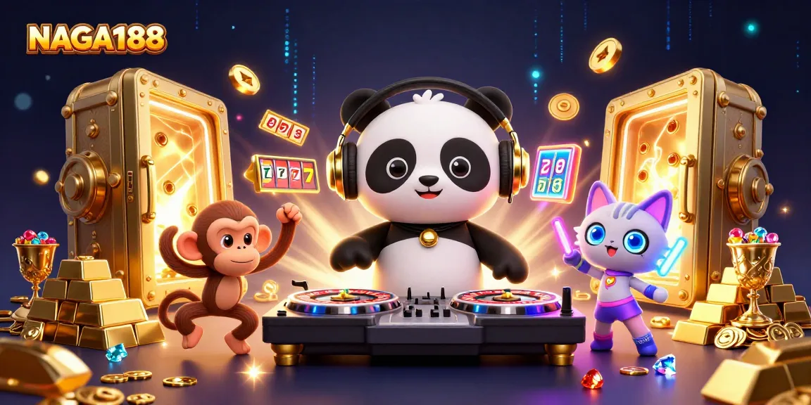 NAGA188 menghadirkan ilustrasi kasino 3D yang penuh warna dengan panda DJ dan karakter permainan.