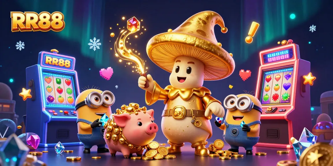Experience RR88 with a vibrant magical scene featuring a golden mushroom wizard and treasures, highlighting thrilling casino gameplay.