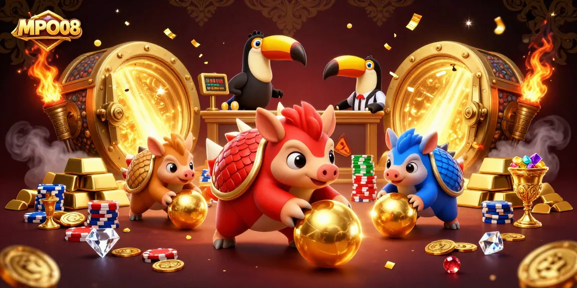 MPO08 rivals in colorful armor engage in a thrilling gaming scene with golden treasure elements.