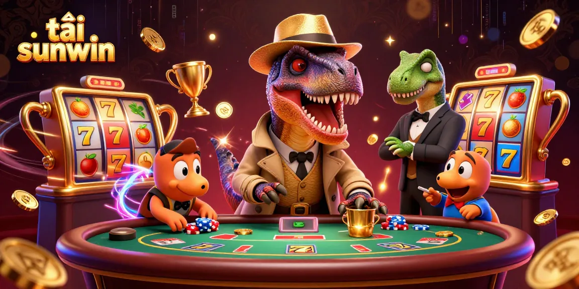 Experience the excitement of tải sunwin with a lively 3D scene featuring unique casino characters and vibrant gaming elements.